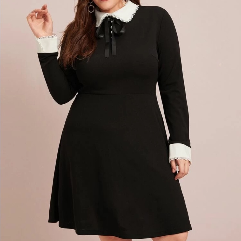 NWOT SHEIN Plus Contrast Collar and Cuff Buttoned Tie Front Dress
